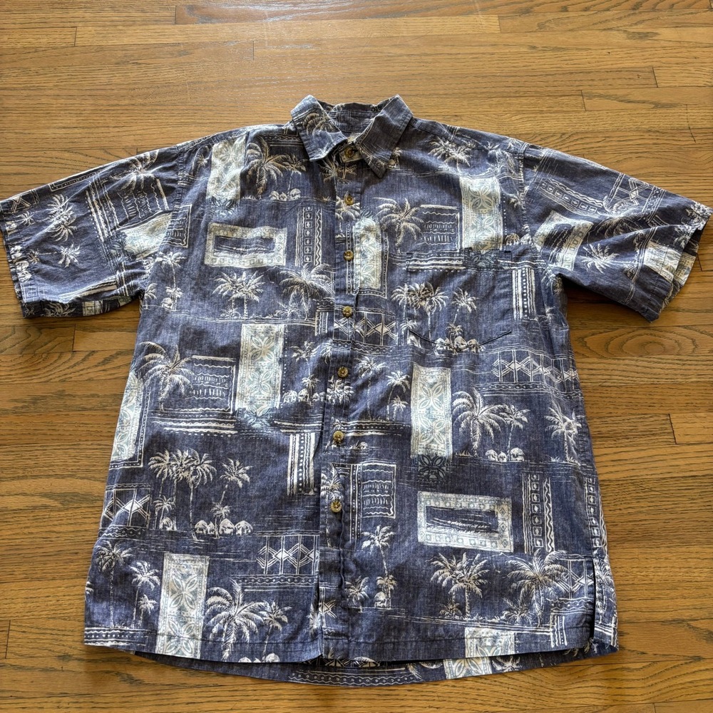 Cooke Street Honolulu Mens Medium Blue Cotton Hawaiian Aloha Palm Tree Shirt